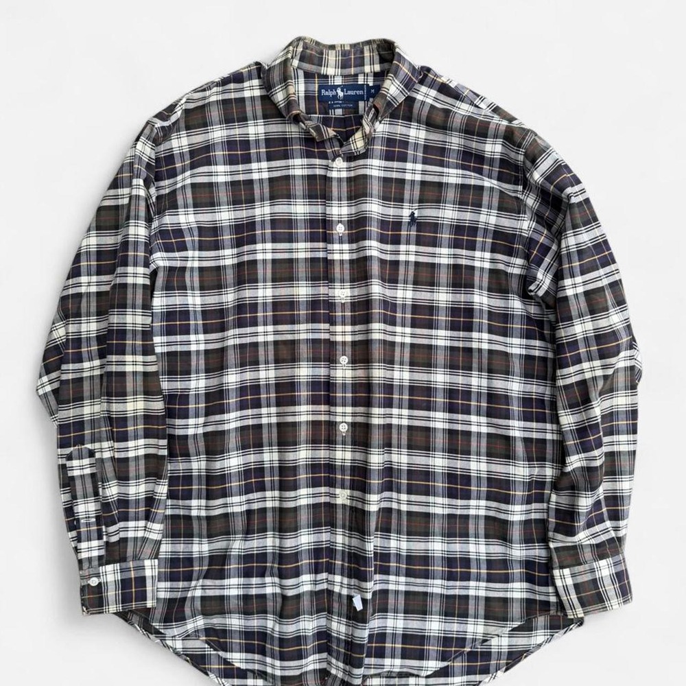 Ralph Lauren Vintage Mens Plaid Button Up Shirt Navy Brown Cream Size M